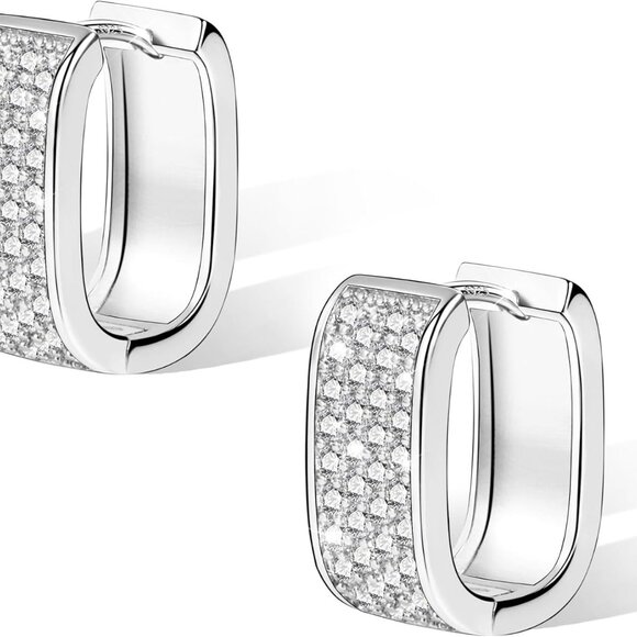 Sterling Silver Small Chunky Hoop Earrings with Cubic Zirconia, Hypoallergenic, - Picture 1 of 6